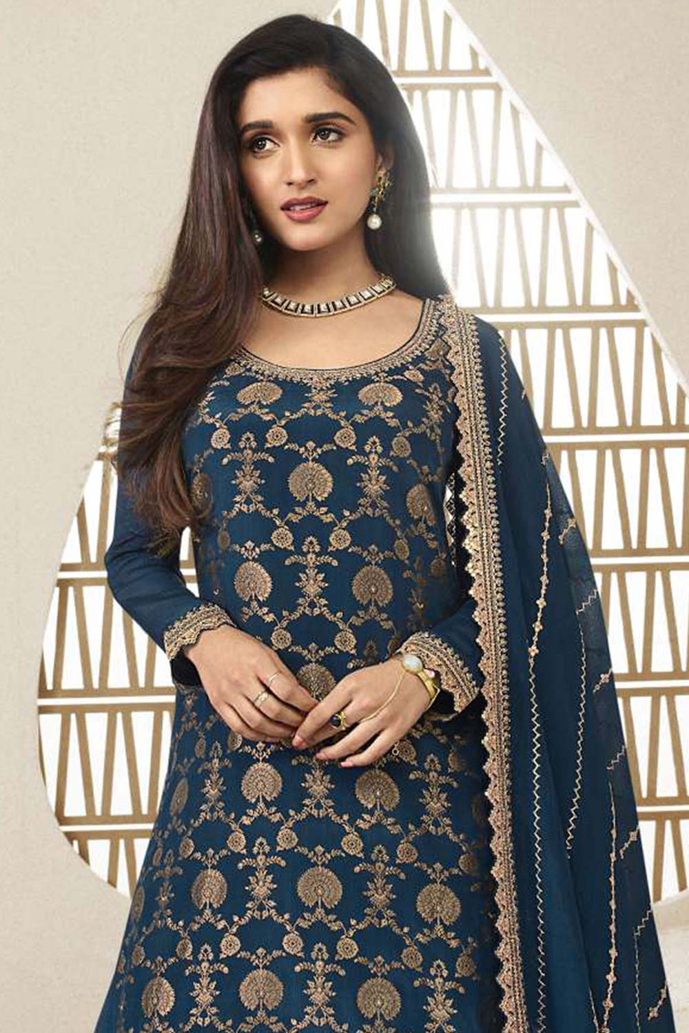 Blue Viscose Embroidered Full Sleeve Round Neck Pakistani Salwar Kameez