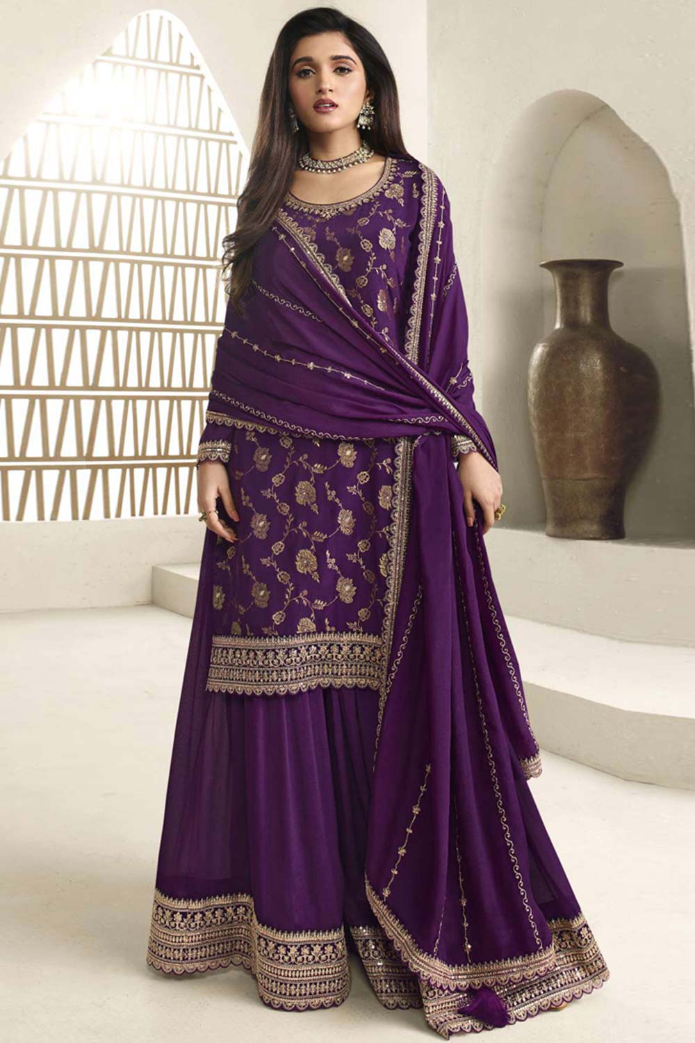 Purple Viscose Embroidered Full Sleeve Round Neck Pakistani Salwar Kameez