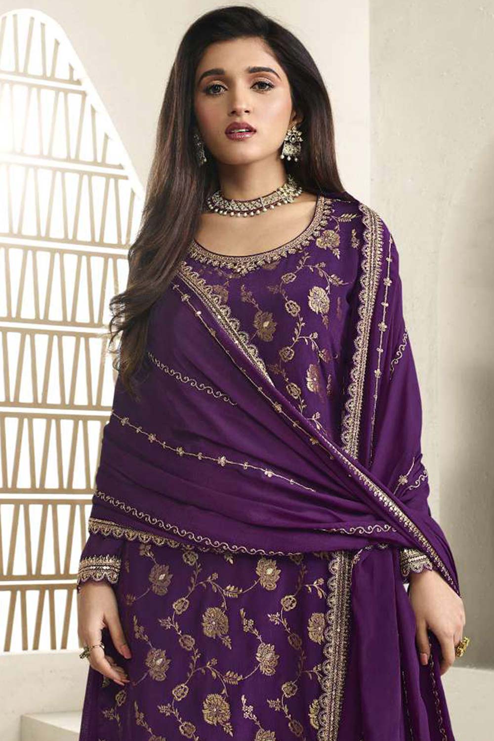 Purple Viscose Embroidered Full Sleeve Round Neck Pakistani Salwar Kameez