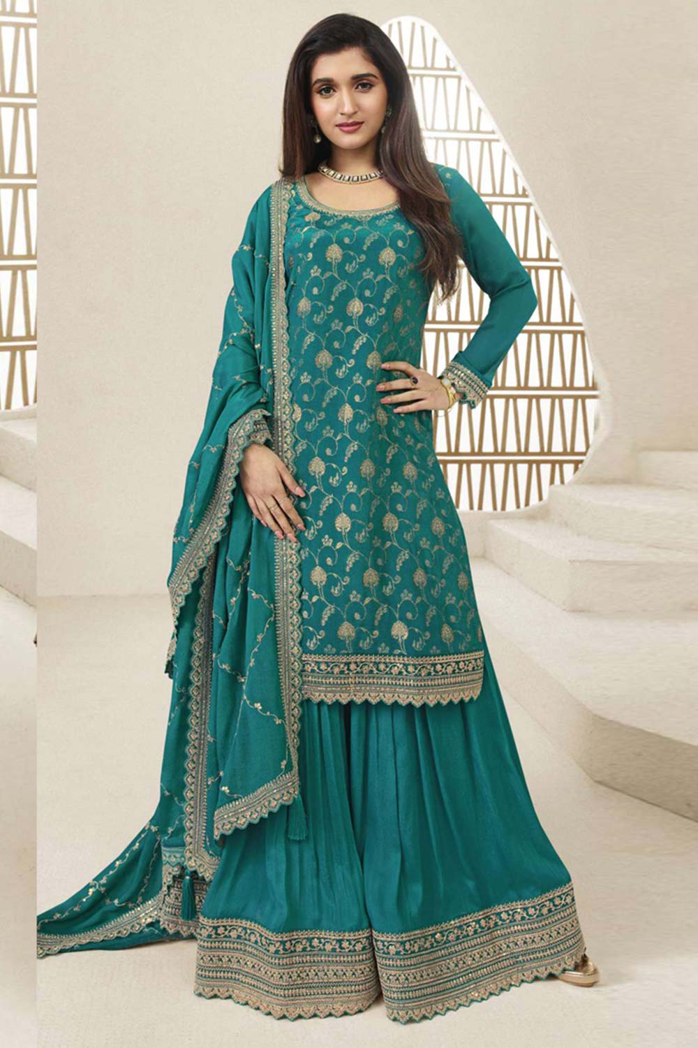 Turquoise Viscose Embroidered Full Sleeve Round Neck Pakistani Salwar Kameez