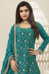 Turquoise Viscose Embroidered Full Sleeve Round Neck Pakistani Salwar Kameez