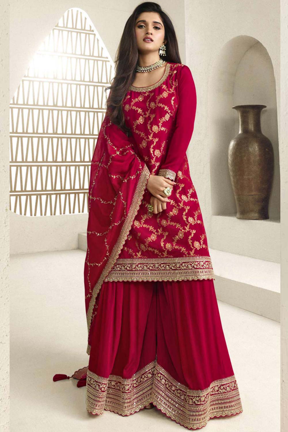 Red Viscose Embroidered Full Sleeve Round Neck Pakistani Salwar Kameez