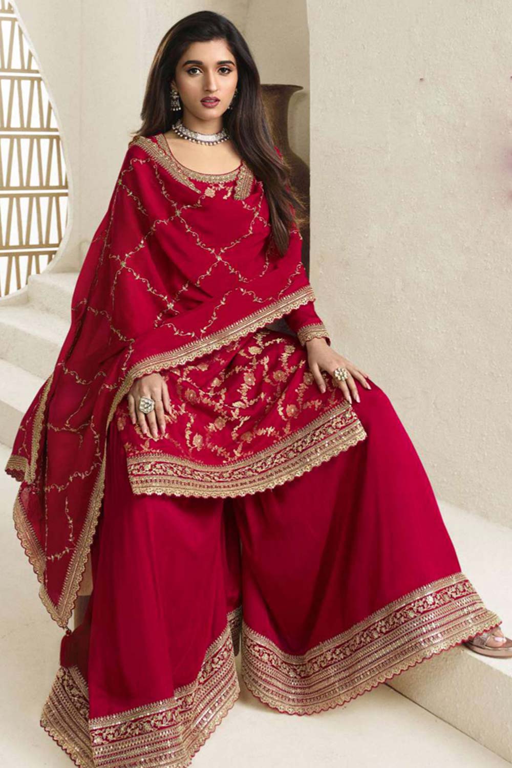 Red Viscose Embroidered Full Sleeve Round Neck Pakistani Salwar Kameez