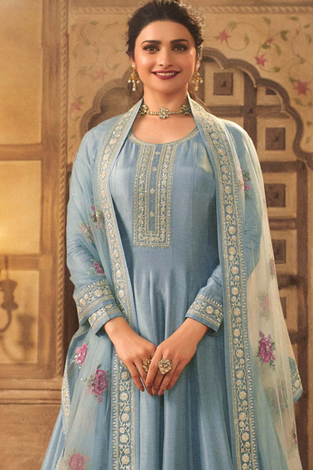 Light-Grey Silk Embroidered Full Sleeve Round Neck Anarkali Salwar Kameez