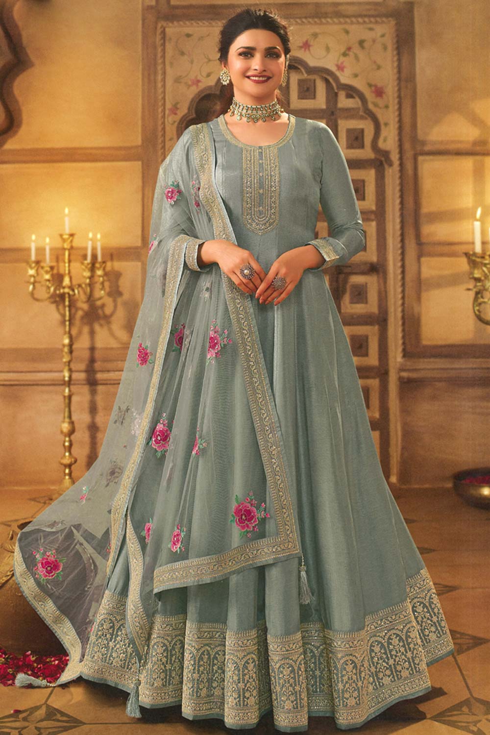 Grey Silk Embroidered Full Sleeve Round Neck Anarkali Salwar Kameez