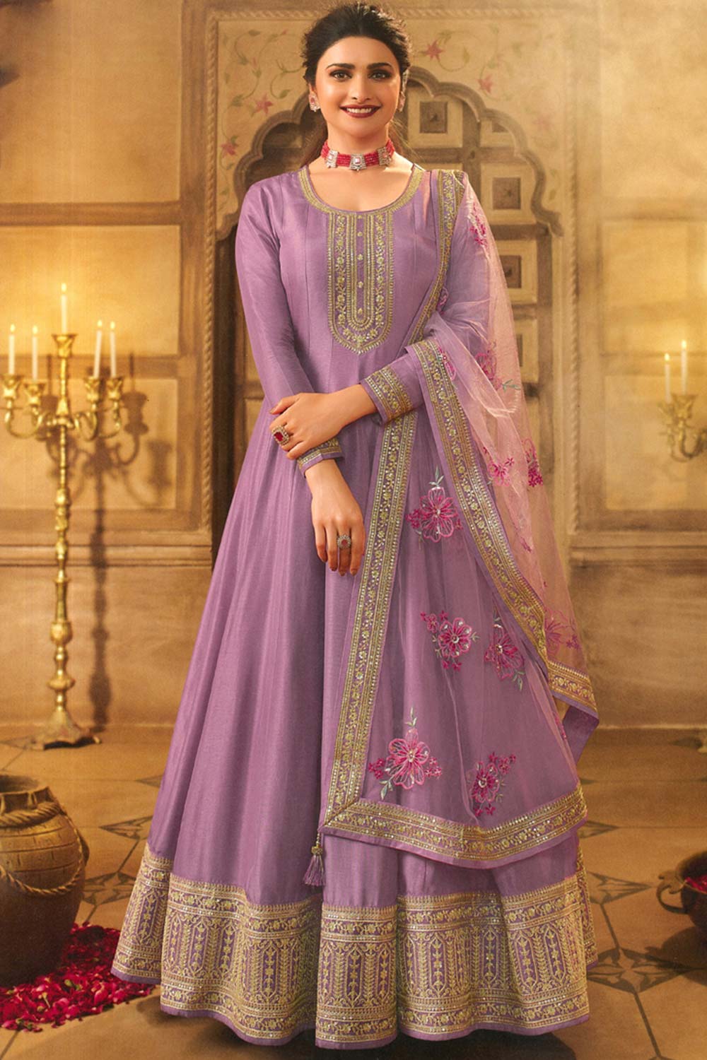 Lavender Silk Embroidered Full Sleeve Round Neck Anarkali Salwar Kameez