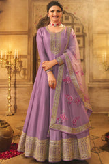 Lavender Silk Embroidered Full Sleeve Round Neck Anarkali Salwar Kameez