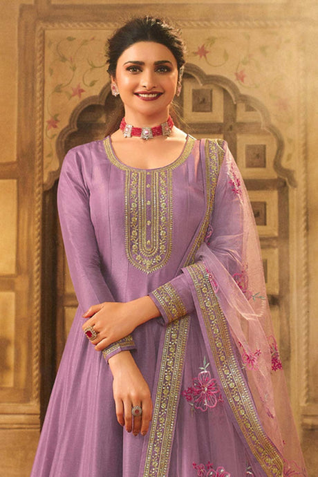 Lavender Silk Embroidered Full Sleeve Round Neck Anarkali Salwar Kameez