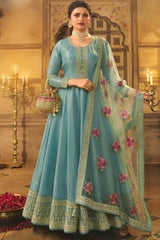 Sky-Blue Silk Embroidered Full Sleeve Round Neck Anarkali Salwar Kameez