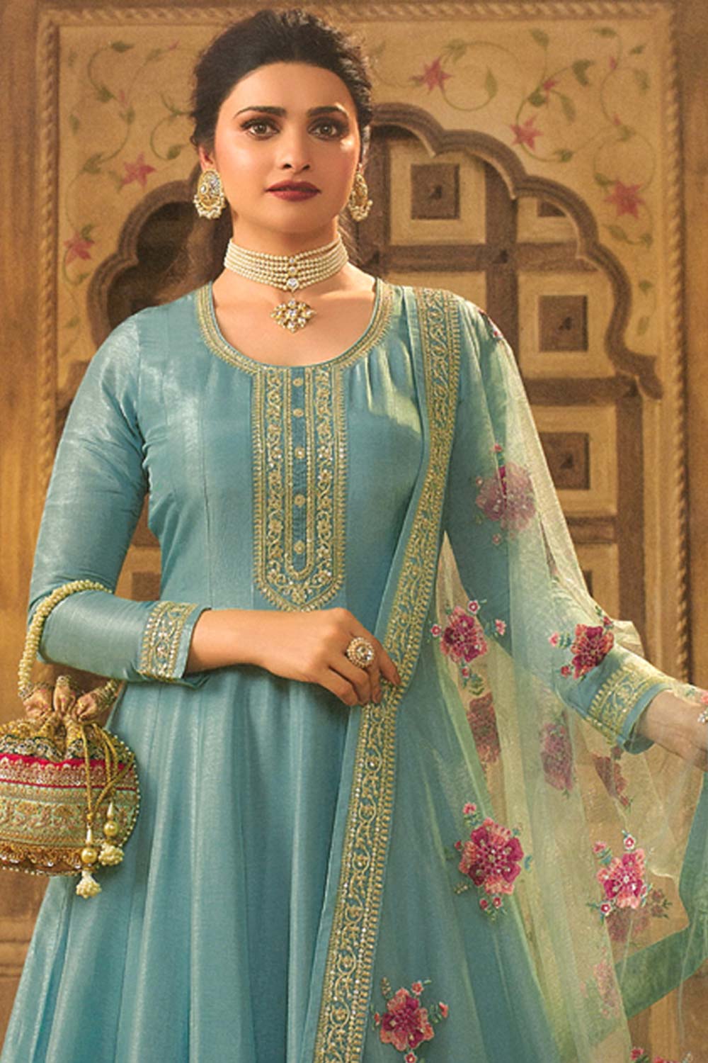 Sky-Blue Silk Embroidered Full Sleeve Round Neck Anarkali Salwar Kameez