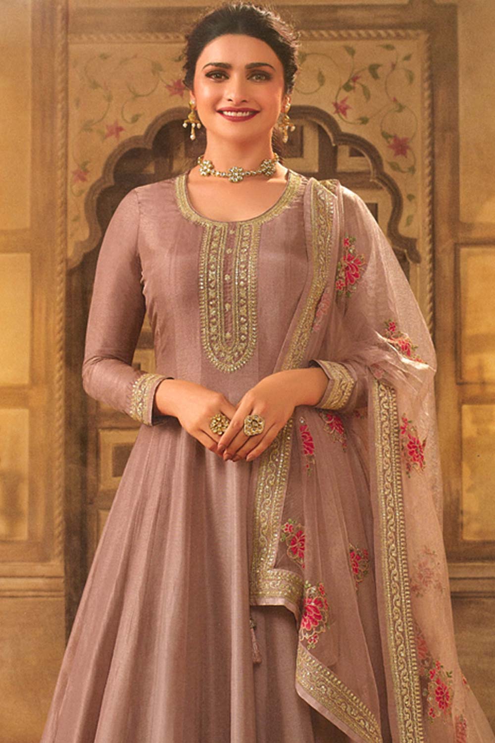 Brown Silk Embroidered Full Sleeve Round Neck Anarkali Salwar Kameez