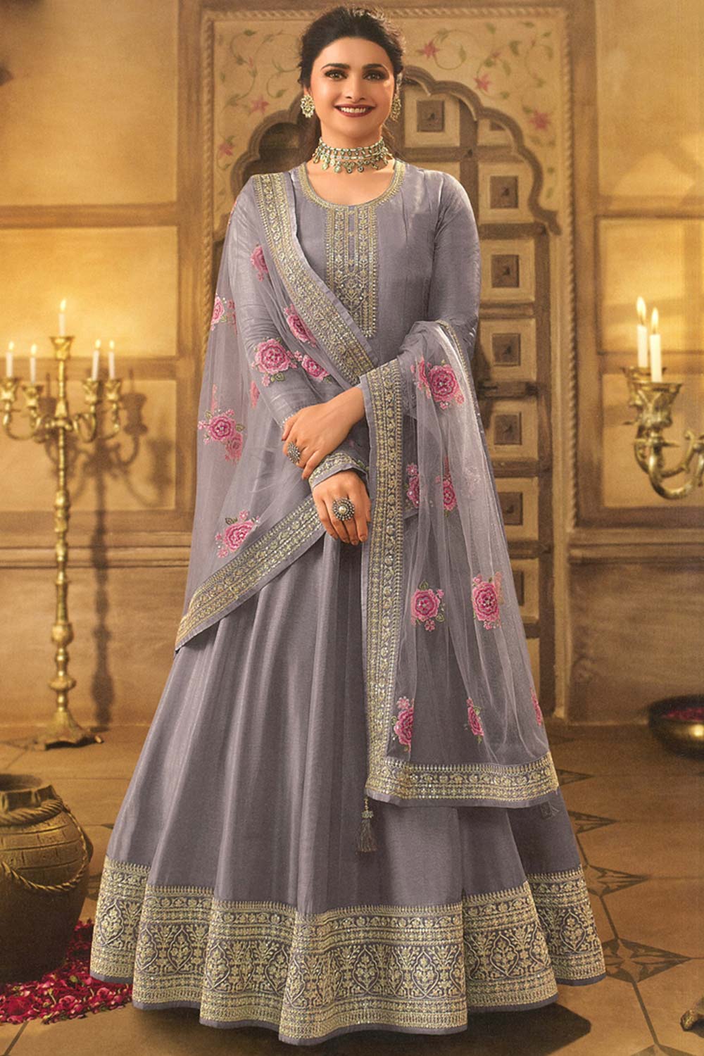 Violet Silk Embroidered Full Sleeve Round Neck Anarkali Salwar Kameez