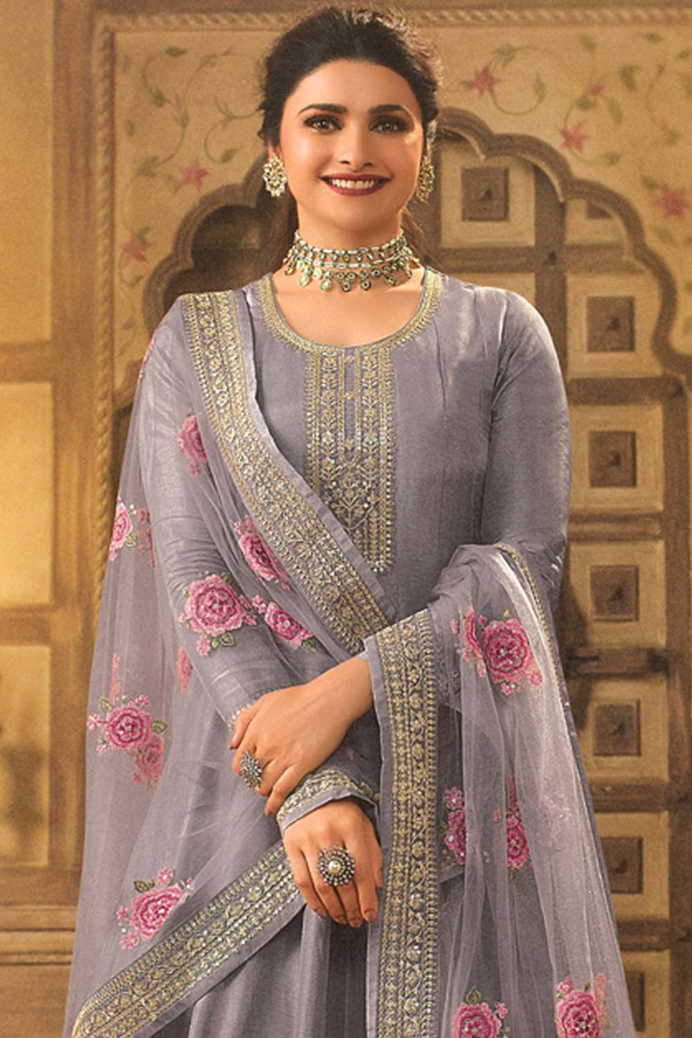 Violet Silk Embroidered Full Sleeve Round Neck Anarkali Salwar Kameez