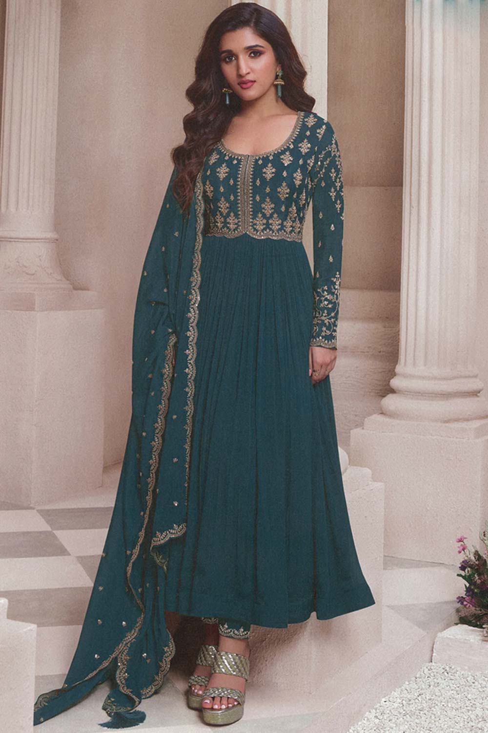 Teal Silk Embroidered Full Sleeve Round Neck Pakistani Salwar Kameez