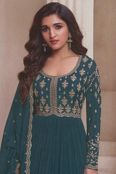 Teal Silk Embroidered Full Sleeve Round Neck Pakistani Salwar Kameez