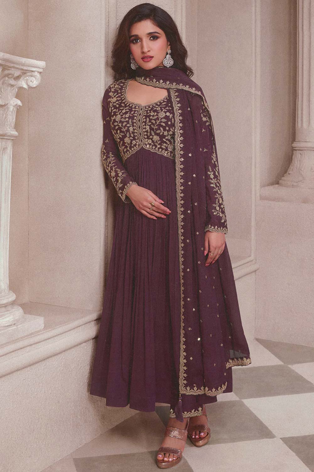 Wine Silk Embroidered Full Sleeve Round Neck Pakistani Salwar Kameez