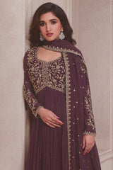 Wine Silk Embroidered Full Sleeve Round Neck Pakistani Salwar Kameez