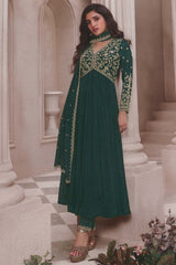 Green Silk Embroidered Full Sleeve Round Neck Pakistani Salwar Kameez