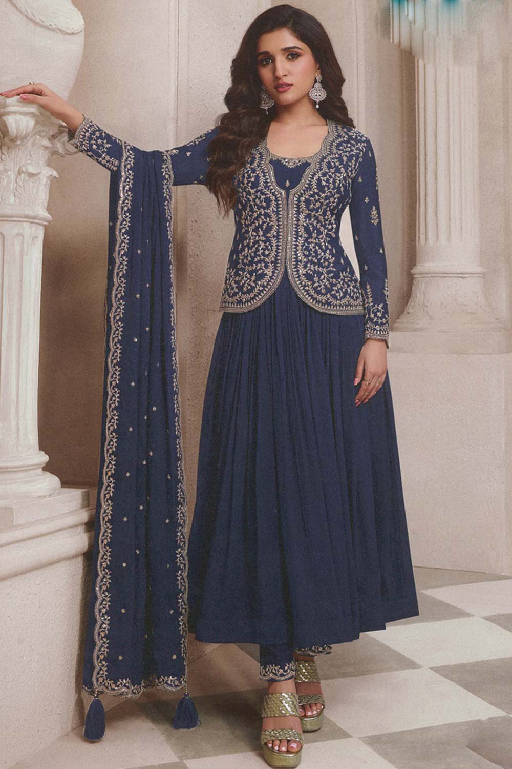 Blue Silk Embroidered Full Sleeve Round Neck Pakistani Salwar Kameez