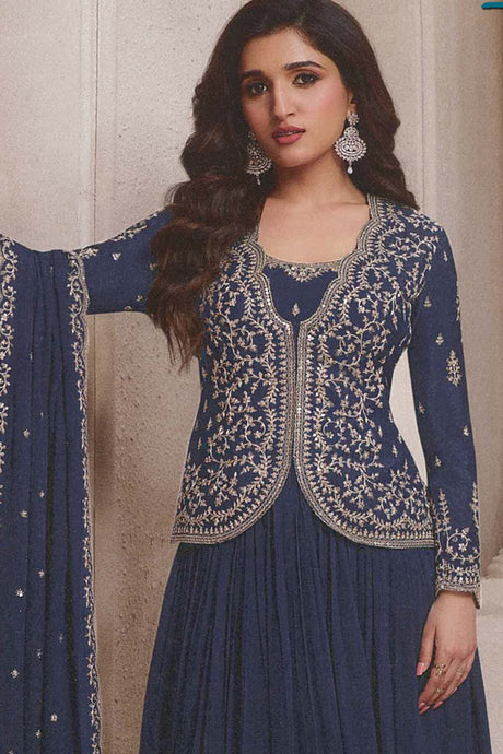 Blue Silk Embroidered Full Sleeve Round Neck Pakistani Salwar Kameez