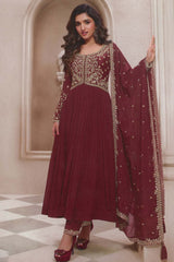 Maroon Silk Embroidered Full Sleeve Round Neck Pakistani Salwar Kameez