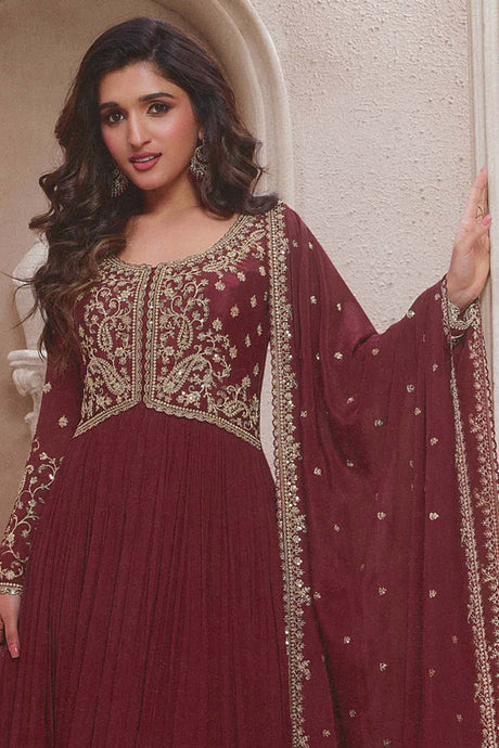 Maroon Silk Embroidered Full Sleeve Round Neck Pakistani Salwar Kameez