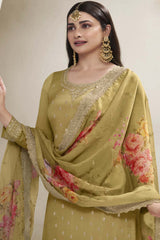 Yellow Silk Embroidered Full Sleeve Round Neck Pakistani Salwar Kameez