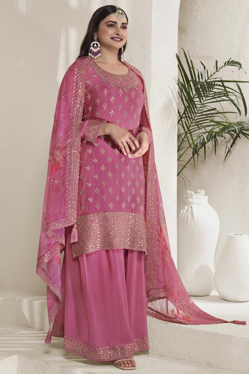 Pink Silk Embroidered Full Sleeve Round Neck Pakistani Salwar Kameez