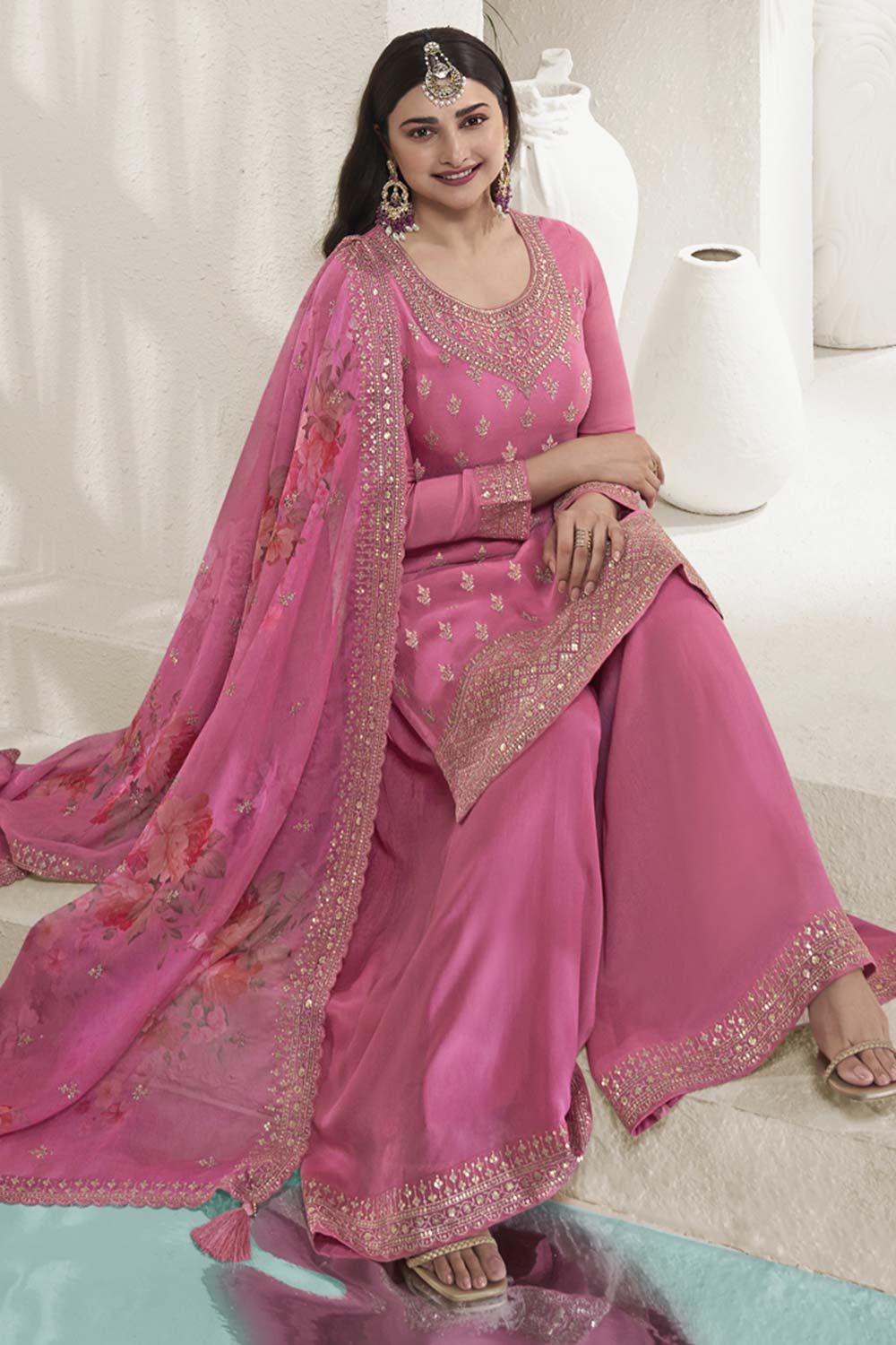 Pink Silk Embroidered Full Sleeve Round Neck Pakistani Salwar Kameez