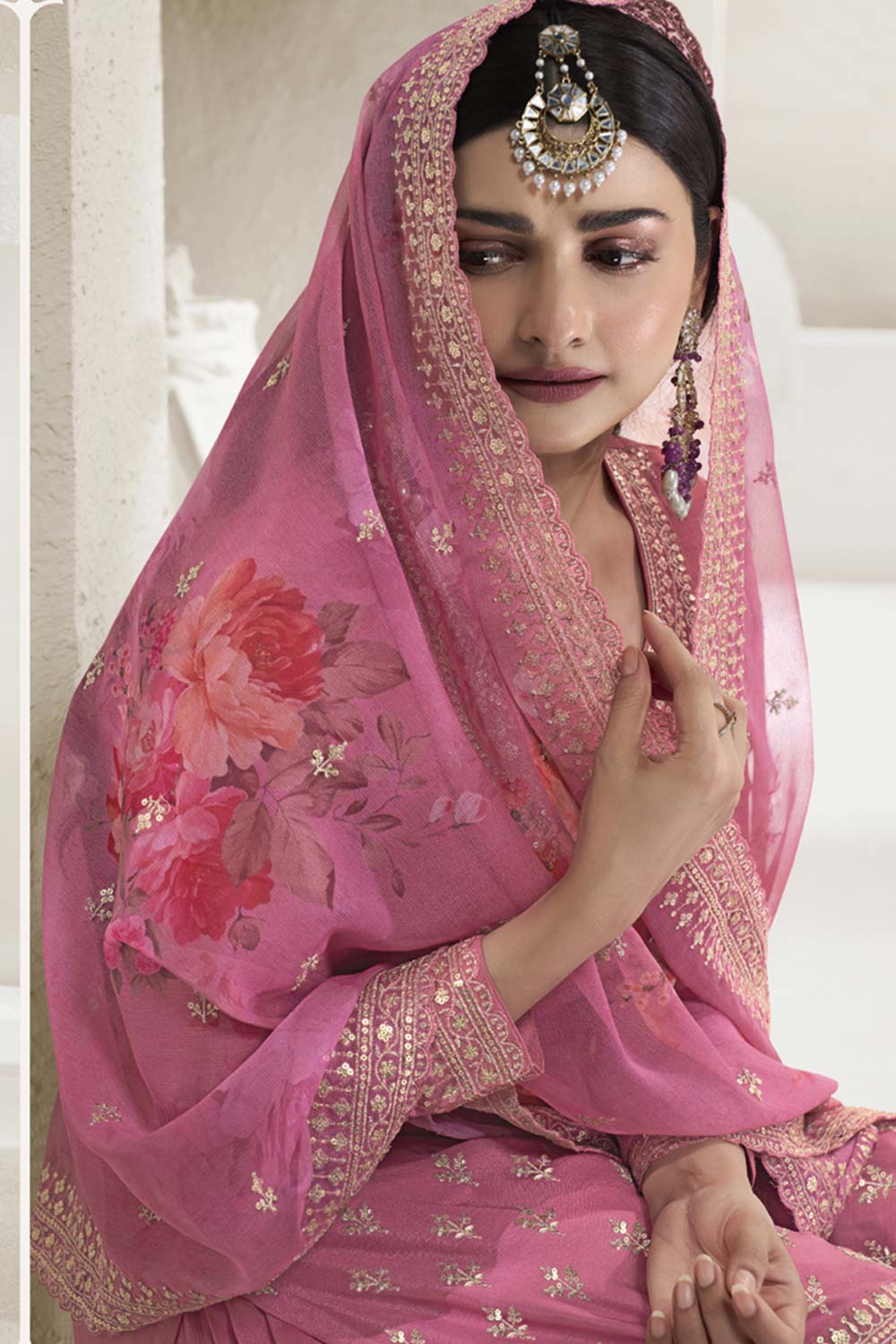 Pink Silk Embroidered Full Sleeve Round Neck Pakistani Salwar Kameez