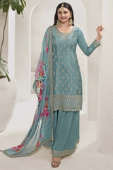 Sky-Blue Silk Embroidered Full Sleeve Round Neck Pakistani Salwar Kameez