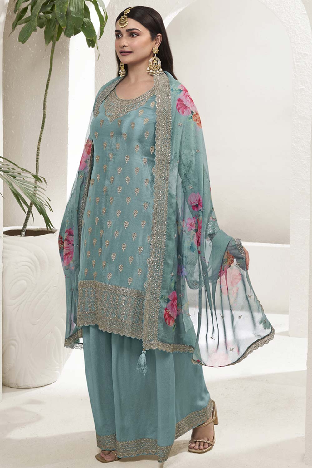 Sky-Blue Silk Embroidered Full Sleeve Round Neck Pakistani Salwar Kameez