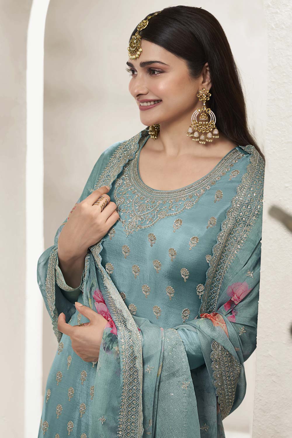 Sky-Blue Silk Embroidered Full Sleeve Round Neck Pakistani Salwar Kameez