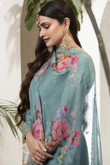 Sky-Blue Silk Embroidered Full Sleeve Round Neck Pakistani Salwar Kameez