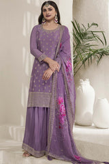 Light-Purple Silk Embroidered Full Sleeve Round Neck Pakistani Salwar Kameez