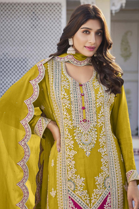 Yellow Chinon Embroidered Designer Palazzo Suit