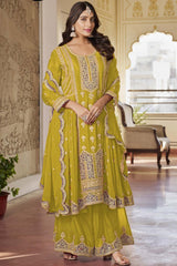 Lime Green Chinon Embroidered Designer Palazzo Suit