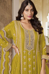 Lime Green Chinon Embroidered Designer Palazzo Suit