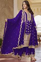 Royal Blue Chinon Embroidered Designer Palazzo Suit