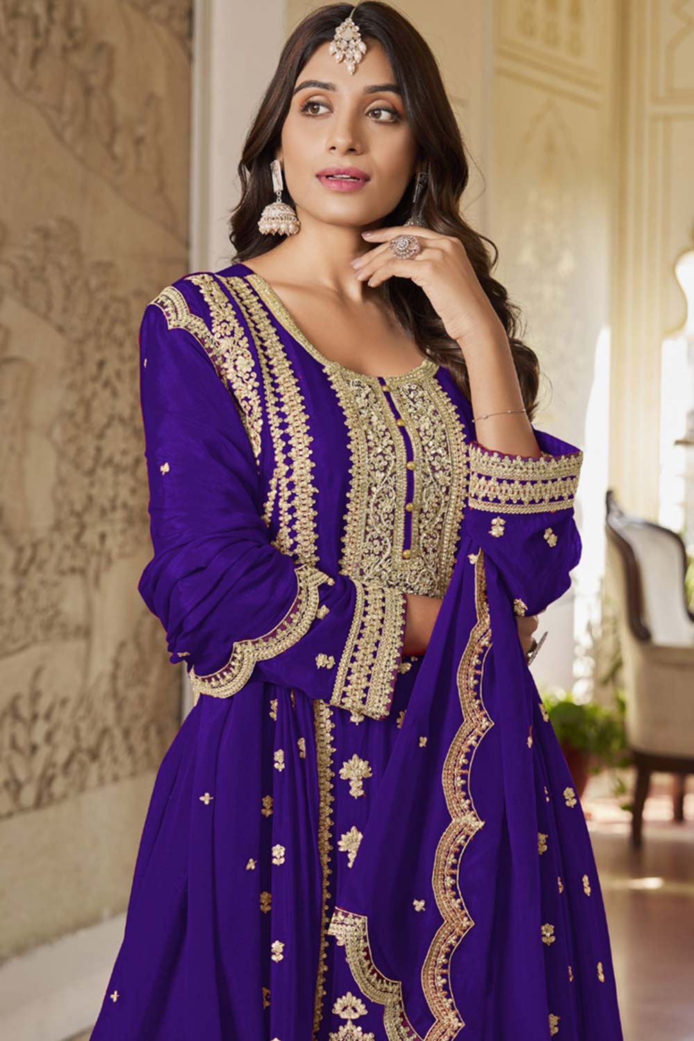 Royal Blue Chinon Embroidered Designer Palazzo Suit