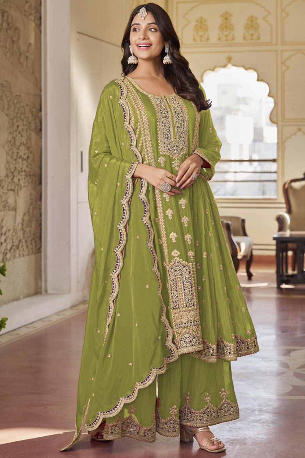 Light Green Chinon Embroidered Designer Palazzo Suit