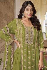 Light Green Chinon Embroidered Designer Palazzo Suit