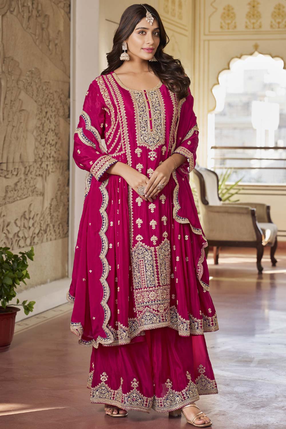 Dark Pink Chinon Embroidered Designer Palazzo Suit