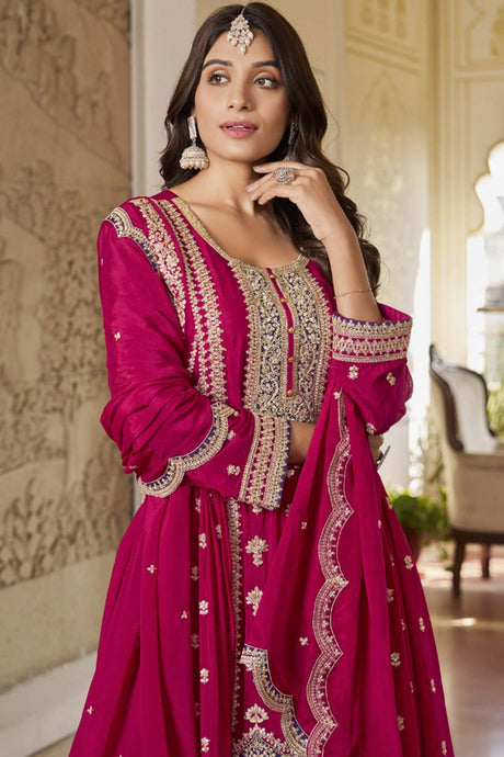 Dark Pink Chinon Embroidered Designer Palazzo Suit