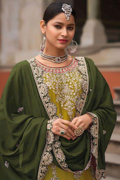 Light Green Chinon Embroidered Designer Palazzo Suit