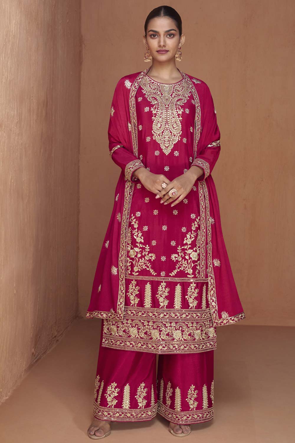 Dark Pink Chinon Embroidered Palazzo Suit