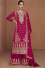 Dark Pink Chinon Embroidered Palazzo Suit