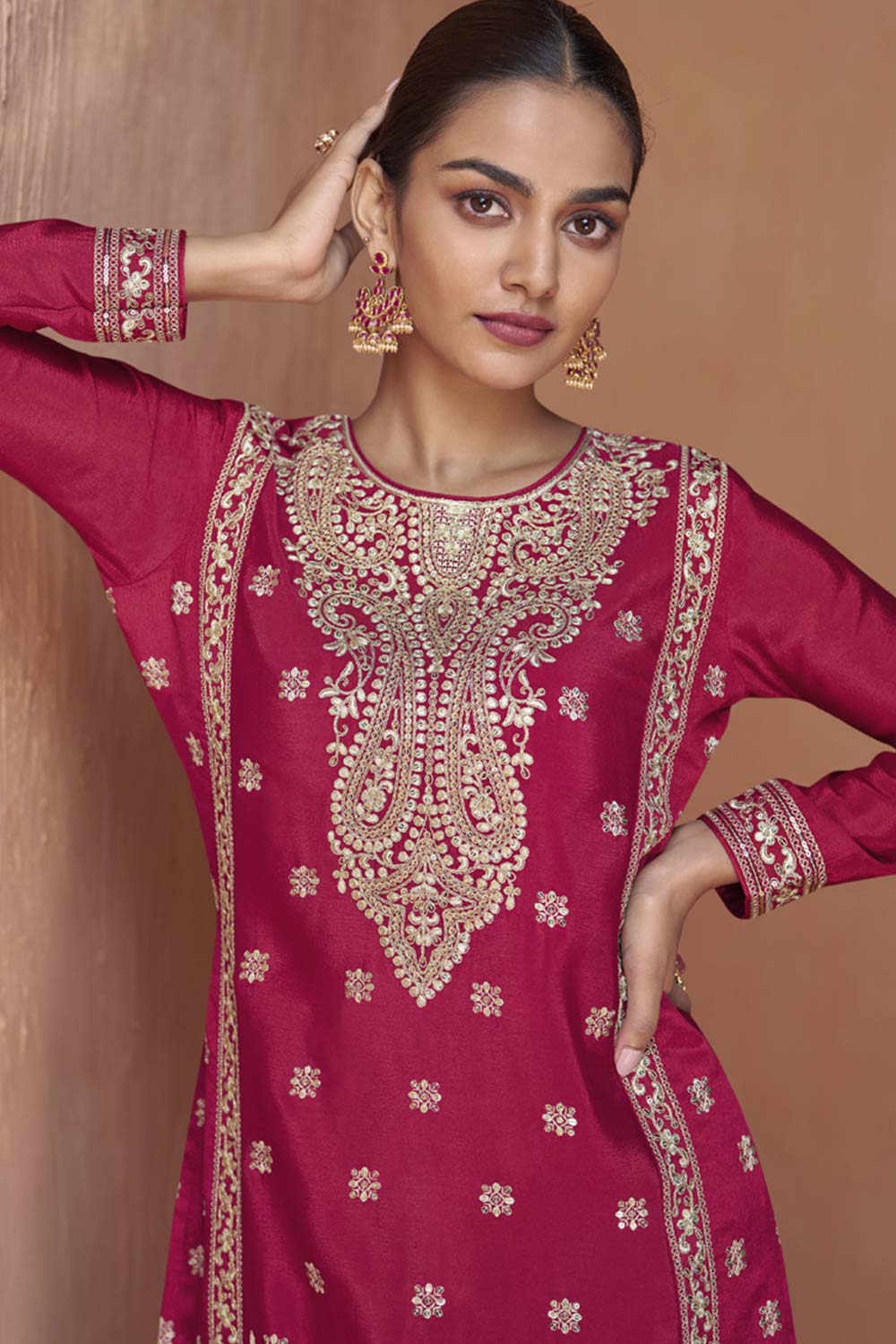 Dark Pink Chinon Embroidered Palazzo Suit