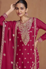 Dark Pink Chinon Embroidered Palazzo Suit