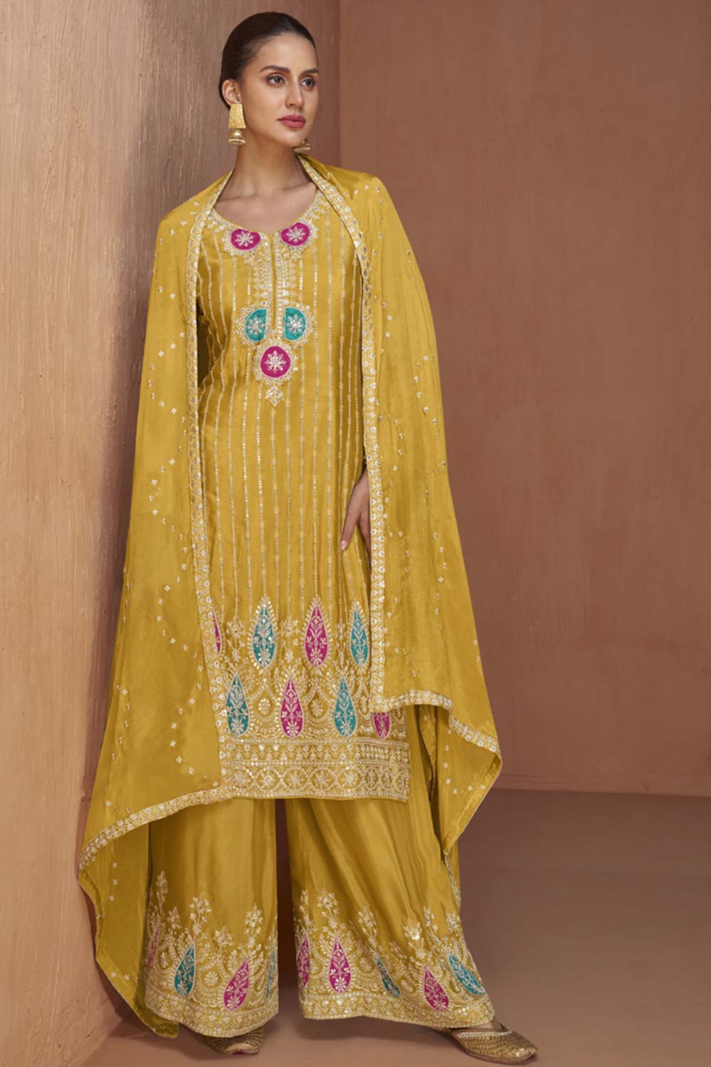 Yellow Chinon Embroidered Palazzo Suit